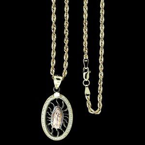 10K Real Gold Rope Chain and Virgin Mary Pendant Set
